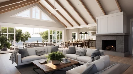 Plaid avec motif Mur chinois Light and airy great room with vaulted beamed ceilings and seamless indoor/outdoor living