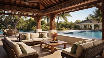 Fototapeta premium Lavish tropical outdoor living room with a covered pavilion made of solid carved wood beams in an intricate lattice pattern