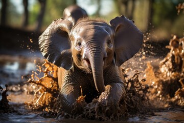 Baby elephant has fun in the mud with other puppies., generative IA