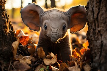 Curious baby elephant exploring nature., generative IA - obrazy, fototapety, plakaty