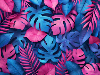 A flat lay illustration of stylized tropical foliage with leaves in a mix of hot pink