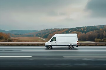 A white delivery van speeding on a highway transporting cargo efficiently. Concept Transportation, Delivery Service, Efficient Logistics, Speeding Vehicle, Cargo Transportation
