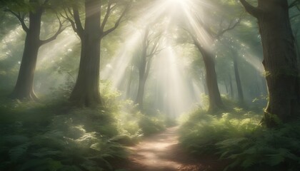 Dreamy Ethereal Forest With Soft Sunlight Filteri