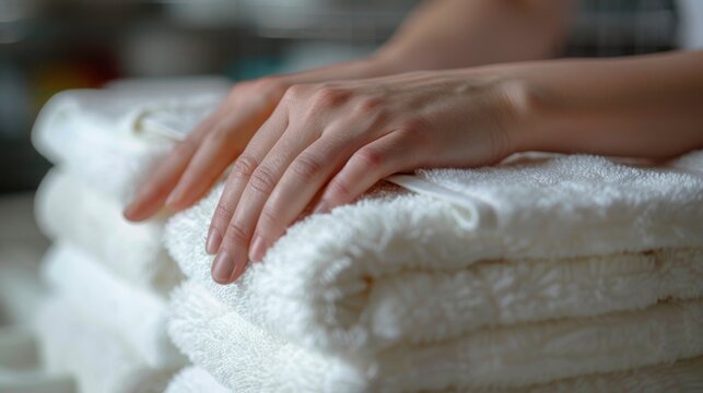 Detailed close-up of a housekeeper's hands arranging fresh linens, illustrating dedication to cleanliness in hospitality staff.