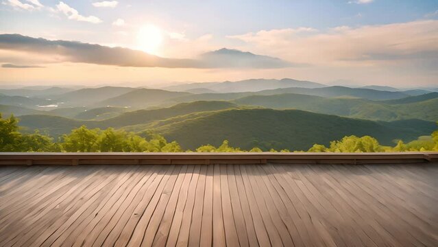 Wooden Deck Overlooking a Mountain Landscape