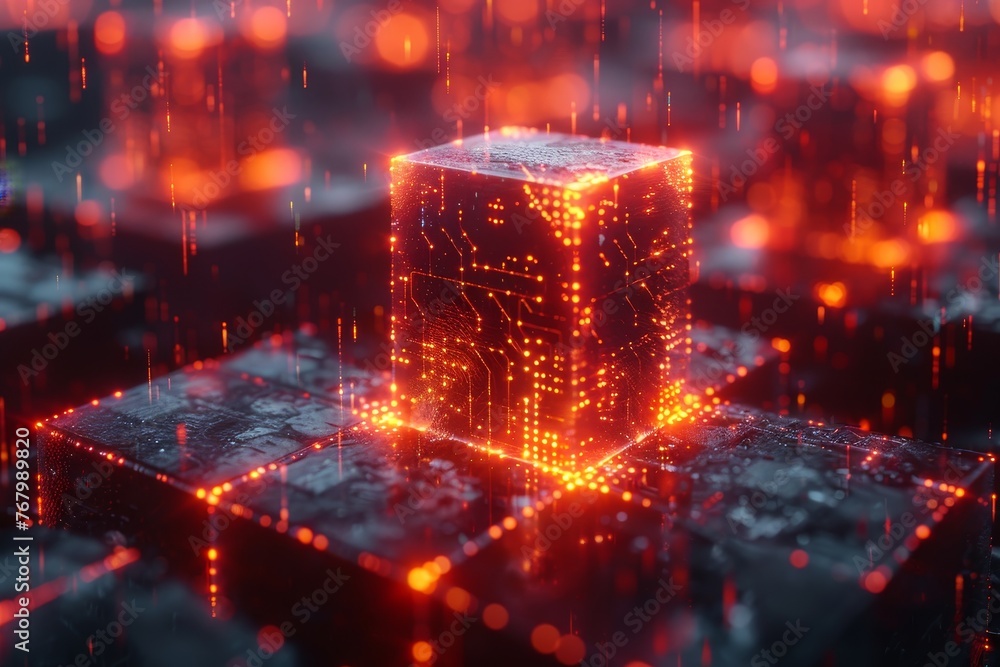 Poster a futuristic 3d visualization of digital currency and blockchain technology, symbolizing the future 