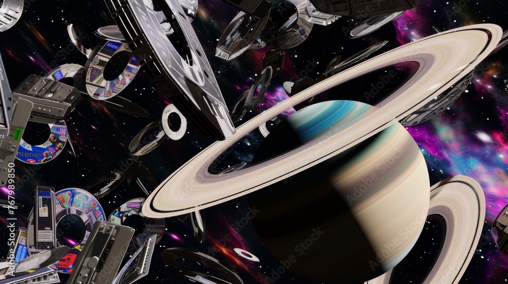 Poster a creatively constructed scene showing saturn encircled by various technology devices and space elem