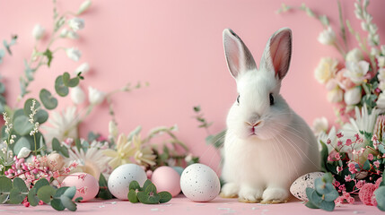 Easter banner with white rabbit, pastel eggs and greenery on pink pastel background. Easter holiday concept, cartoon, Easter golden eggs and white flowers on on pastel pink background. Holiday concept