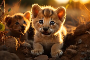 Lion puppies exploring rocks in the African savannah., generative IA - obrazy, fototapety, plakaty