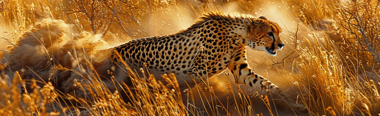 A cheetah sprinting through a field of tall grass, showcasing its agile and swift movements in its natural habitat