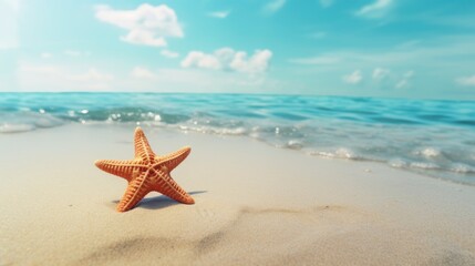 Fototapeta na wymiar Starfish on the beach. Summer background with copy space for text