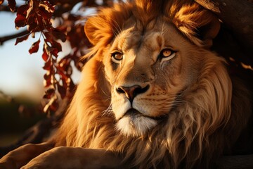 Lion Dourado stretches in the sunny savannah., generative IA