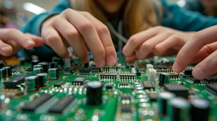 Obraz premium Detailed macro shot of students assembling a circuit board, illustrating hands-on learning in technology and coding within STEM education.