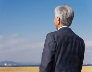 日本人の男性シニアが空を眺めている後ろ姿