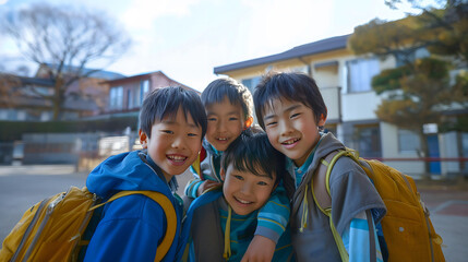 日本人の男子小学生の友達同士を撮影した様子 - obrazy, fototapety, plakaty