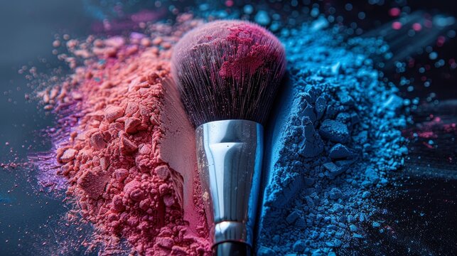 A makeup brush surrounded by colorful powder