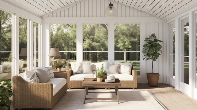 Light and bright modern farmhouse sunroom with vaulted beadboard ceilings and seamless indoor/outdoor living
