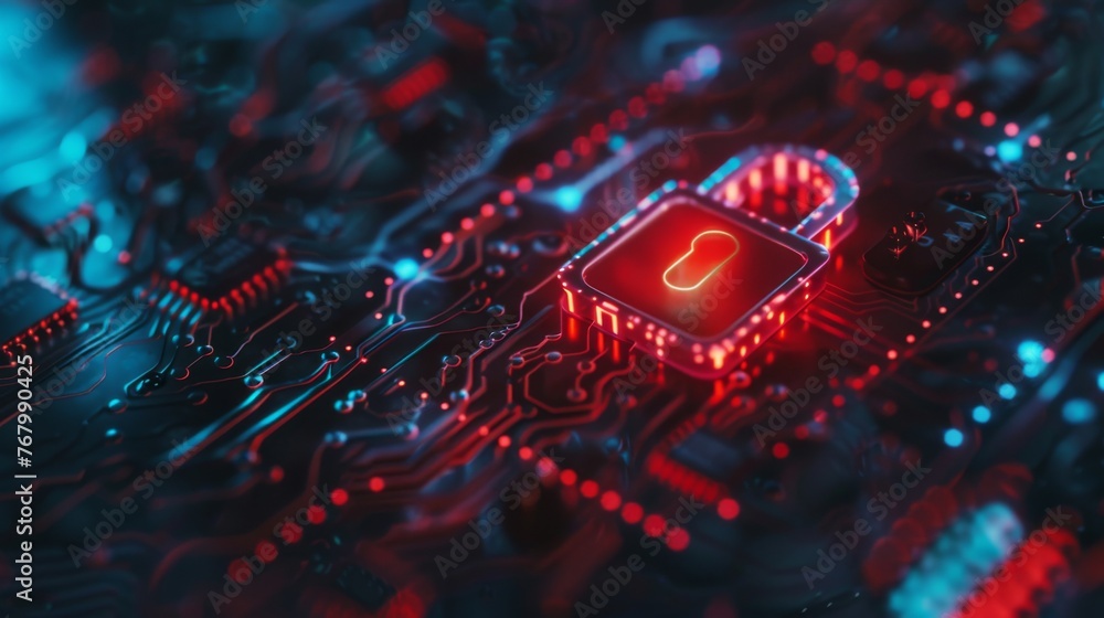 Poster macro shot of digital lock on computer screen, symbolizing technology and cybersecurity.