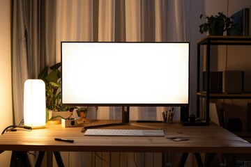 White display screen mockup. Modern monitor template Copy space. in home office. - obrazy, fototapety, plakaty