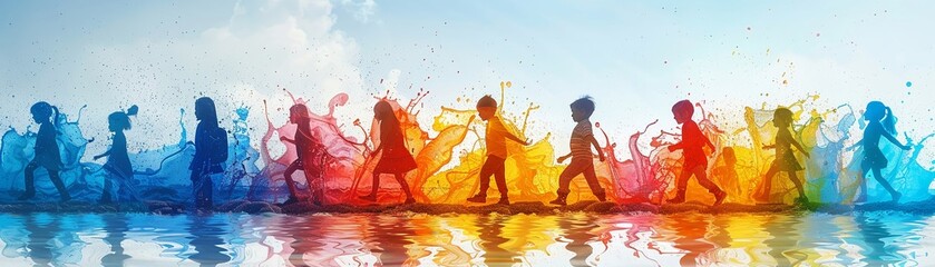Artistic depiction of colorful boundaries intersecting around children, symbolizing the importance of teaching consent and respect no splash - obrazy, fototapety, plakaty