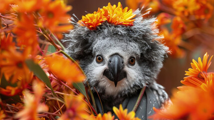 Naklejka premium Cute owl captured up close in a field bursting with vibrant flowers, surrounded by colorful petals and green stems