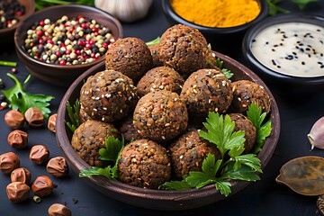 Top View of Delicious Falafel, Arabic Food, Aromatic Spices on Black Background - obrazy, fototapety, plakaty