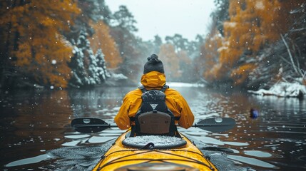 A man kayaking on the lake in a winter landscape - obrazy, fototapety, plakaty