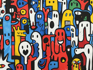 A hand-drawn scene of a cheerful group of abstract cartoon characters varying in appearance and style
