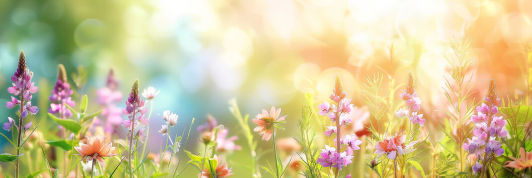 Beautiful spring meadow background with grass, flowers and butterflies on a sunny day. pink daisies and a purple butterfly in the sunlight. Spring concept banner design. Easter day.