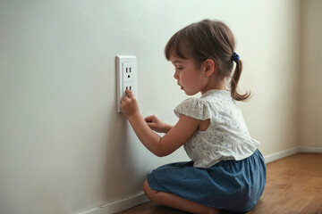Girl touches socket in wall with fingers, danger of electric shock, Film grain effect