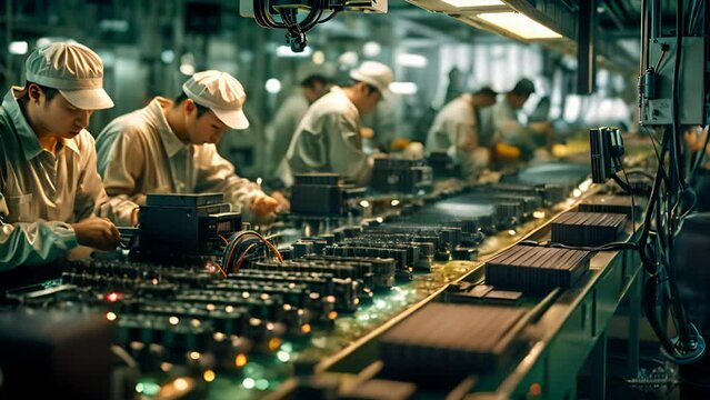 Innovative world of a Chinese semiconductor factory, where highly trained workers operate machinery, crafting and testing intricate electronic components. Generative AI