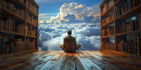Person reading book in library above the cloud 