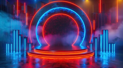 Fototapeta premium Neonlit podium on a futuristic cityscape, under a cosmic twilight ,3D render