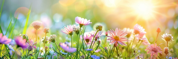 Beautiful spring meadow background with grass, flowers and butterflies on a sunny day. pink daisies and a purple butterfly in the sunlight. Spring concept banner design. Easter day. - obrazy, fototapety, plakaty