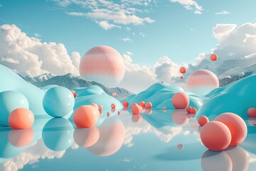 Pastelhued dream worlds in 3D, whimsical landscapes with soft, floating features ,3D render