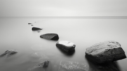 A stark black and white scene capturing rocks scattered in the water along the shoreline