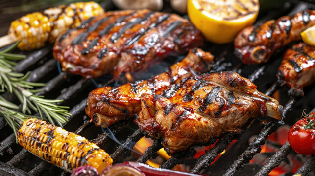 A BBQ grill with assorted meats and vegetables being cooked, sizzling and releasing appetizing aromas