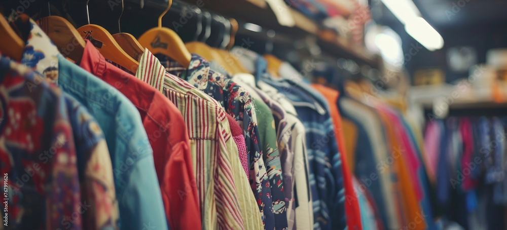 Poster a variety of colorful shirts neatly arranged on hangers in rows on a display rack in a clothing stor