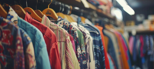 A variety of colorful shirts neatly arranged on hangers in rows on a display rack in a clothing store - obrazy, fototapety, plakaty