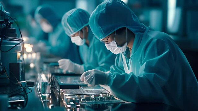 Workers in a Chinese semiconductor factory, as they meticulously assemble and quality check technological parts, driving the progress of the electronics industry. Generative AI