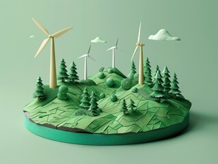 Sustainability in 3D pastel art, showcasing a world powered by green energy , 3D render