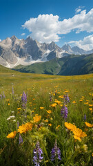 Fototapeta na wymiar Photo real for Alpine meadow with wildflowers and a distant mountain range in Summer Season theme ,Full depth of field, clean bright tone, high quality ,include copy space, No noise, creative idea
