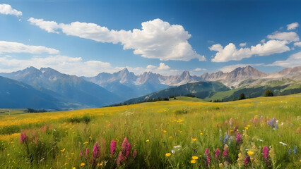Photo real for Alpine meadow with wildflowers and a distant mountain range in Summer Season theme ,Full depth of field, clean bright tone, high quality ,include copy space, No noise, creative idea - obrazy, fototapety, plakaty