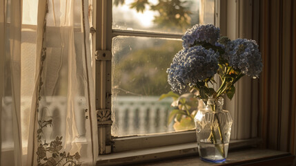 Hydrangeas in a vase bask in the warm light of the setting sun, sitting on a windowsill