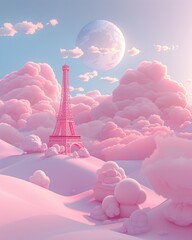 Whimsical cartoon renderings of famous landmarks in pastel tones, playful and historic ,3D render