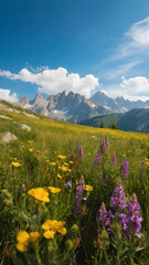 Fototapeta na wymiar Photo real for Alpine meadow with wildflowers and a distant mountain range in Summer Season theme ,Full depth of field, clean bright tone, high quality ,include copy space, No noise, creative idea