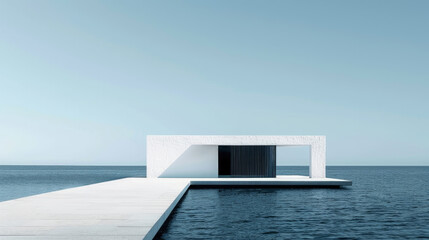 A white building stands beside a vast body of water, reflecting the calm scene