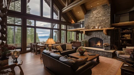 Plaid avec motif Mur chinois Log cabin great room with soaring timber ceilings, stone fireplace, and cozy window seats
