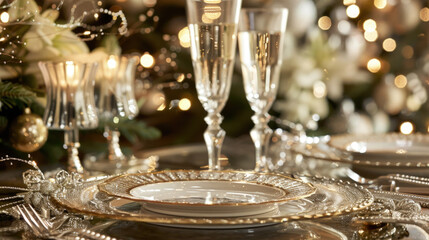 Luxurious table arrangement adorned with golden plates, champagne glasses, and delicate holiday decorations - Powered by Adobe