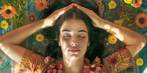Reiki Self healing on the Crown Chakra - young woman lying on her back surrounded by flower heads, with hands resting on top of head giving herself a relaxing Reiki healing session
- 767992080
